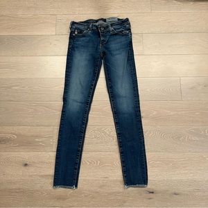 AG The Legging Ankle Super Skinny Ankle Jeans - Dark Blue, Raw Hem, Size 25